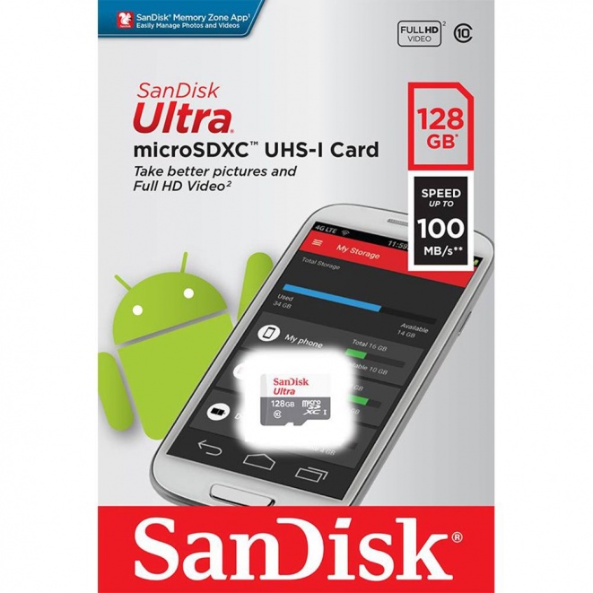 SanDisk Ultra MicroSDXC 128GB 100MB/s Per Smartphone E Tablet, Classe 10 UHS-I, Adatta Per Foto E Video