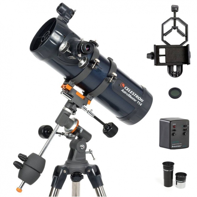 Celestron AstroMaster Astronomy Telescope 114EQ with Motor Drive, Moon Filter & Phone Adapter